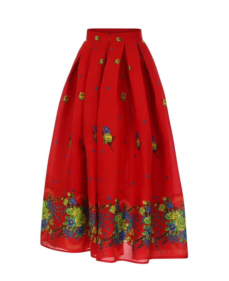 Red Long pleated Skirt