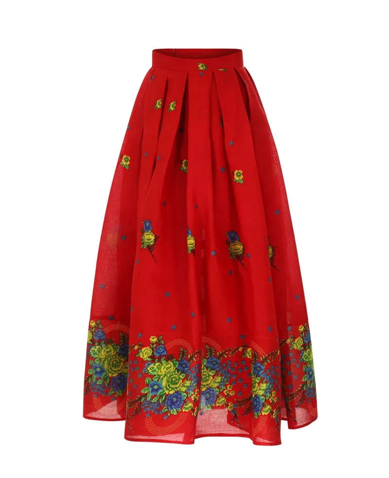 Red Long pleated Skirt