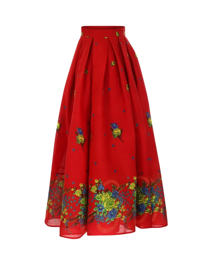 Red Long pleated Skirt