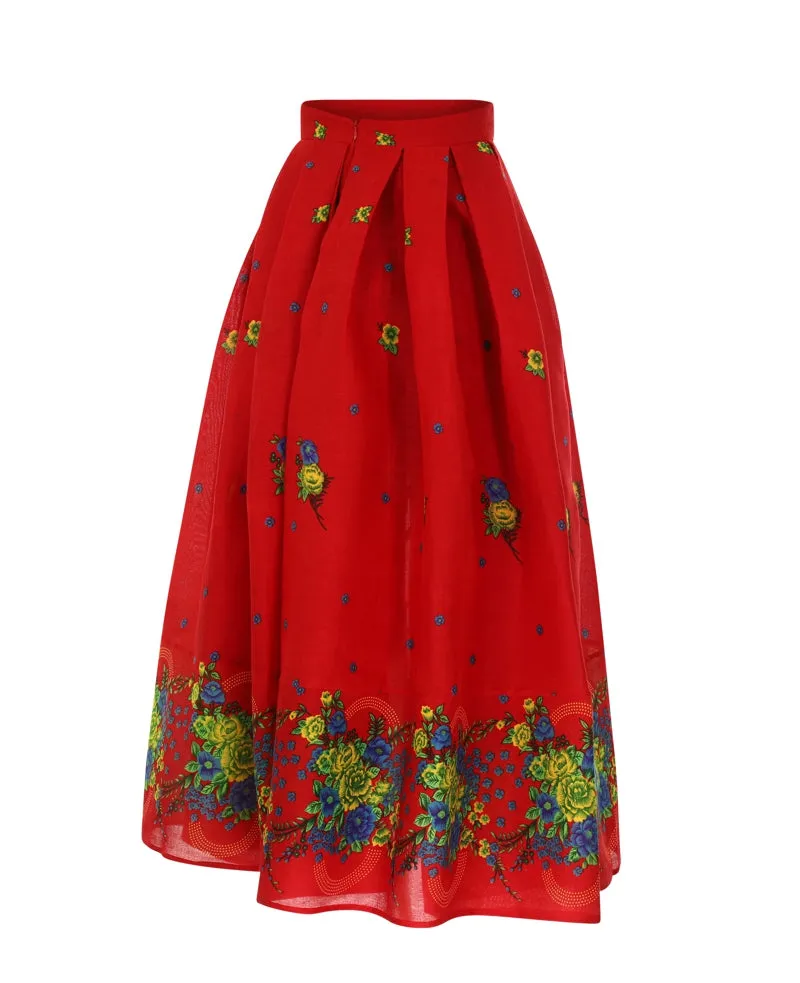 Red Long pleated Skirt