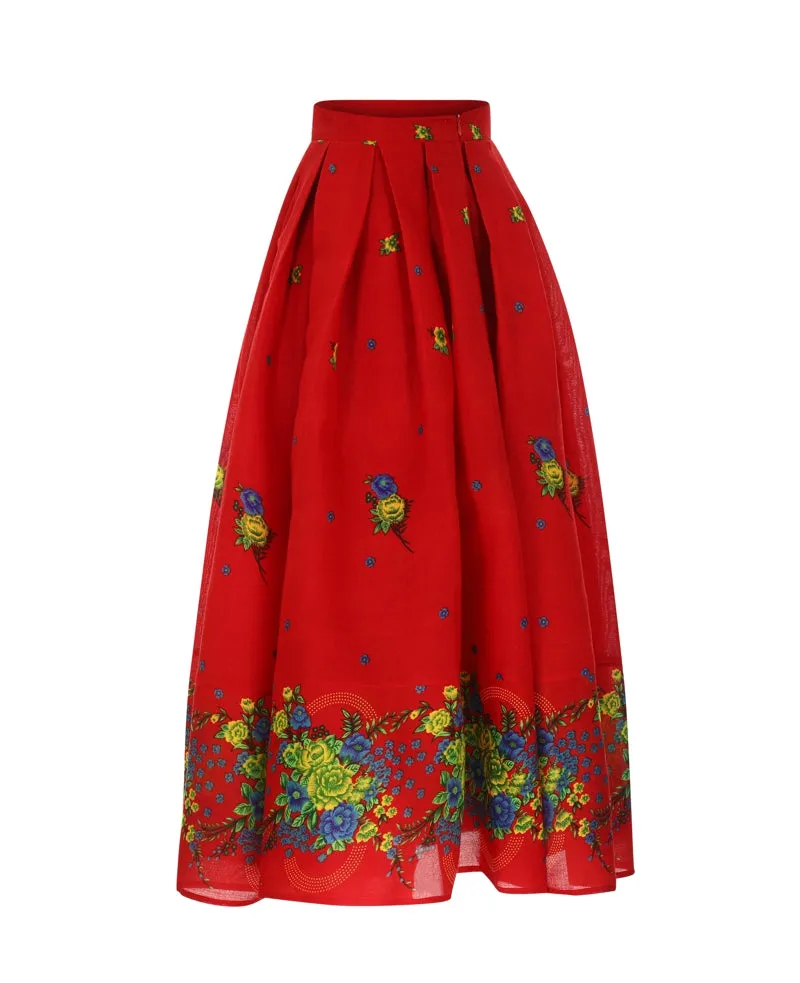 Red Long pleated Skirt