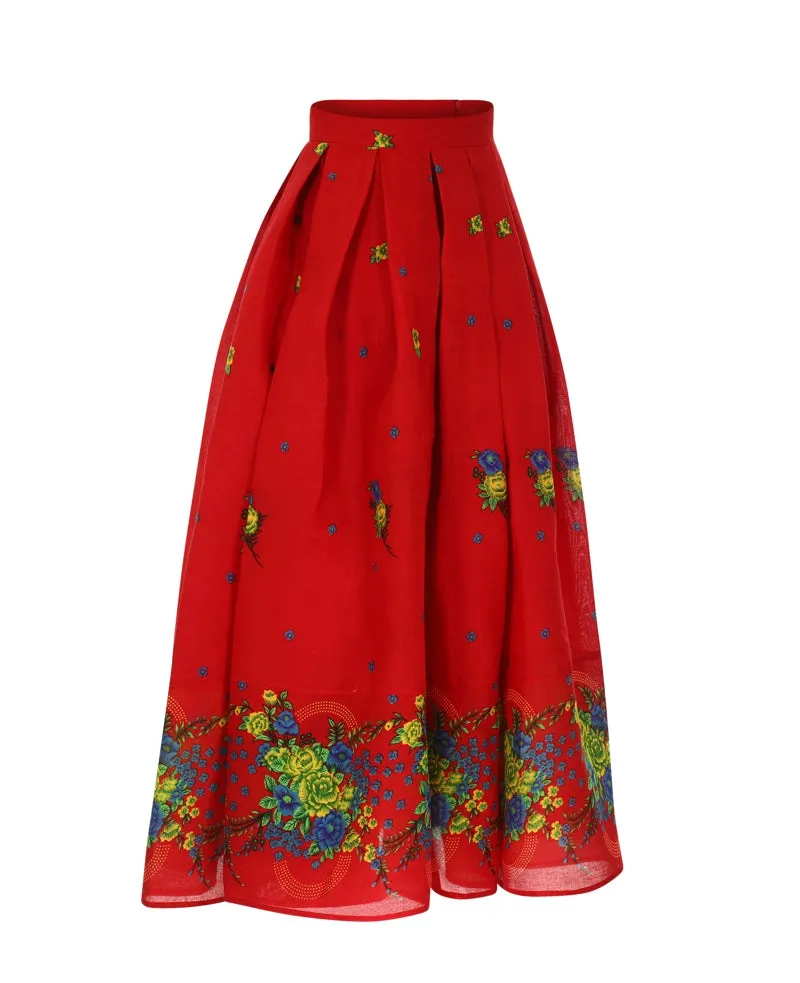 Red Long pleated Skirt