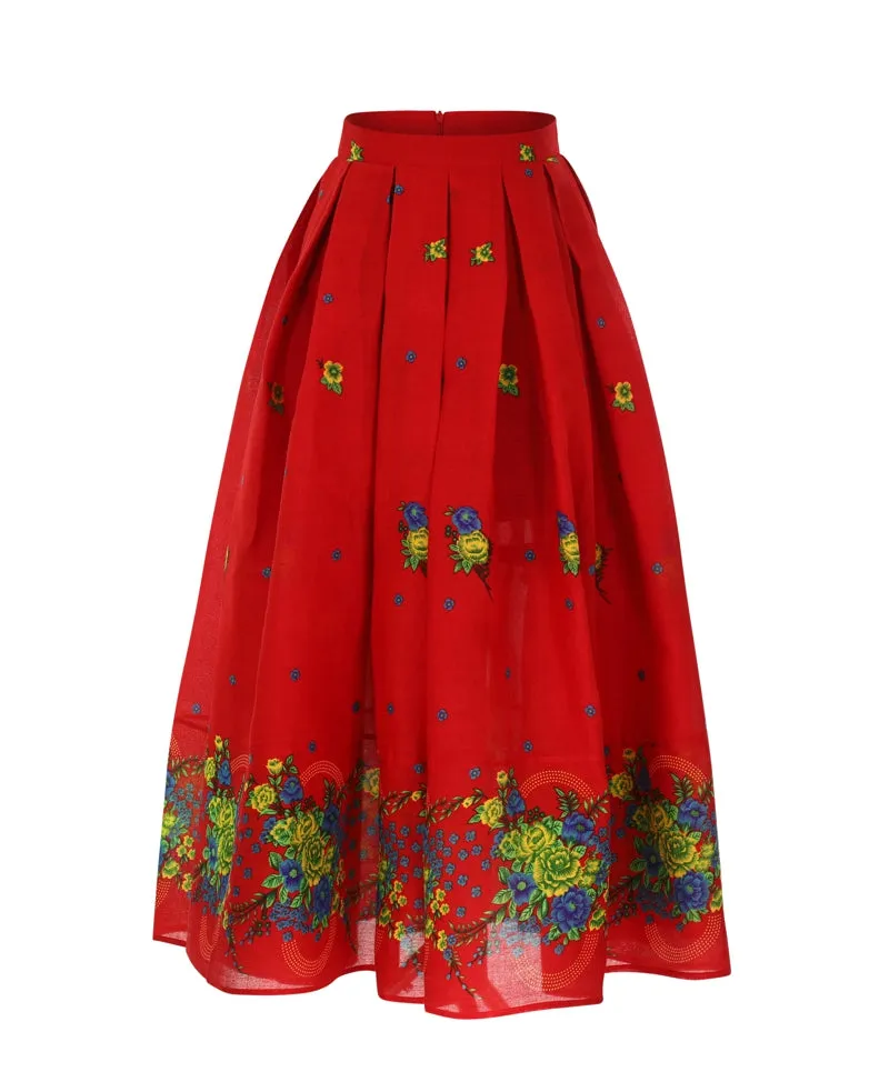 Red Long pleated Skirt