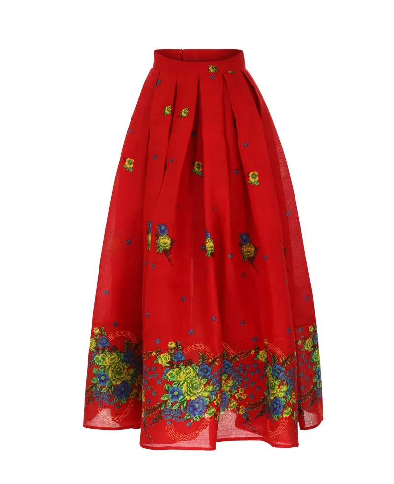 Red Long pleated Skirt