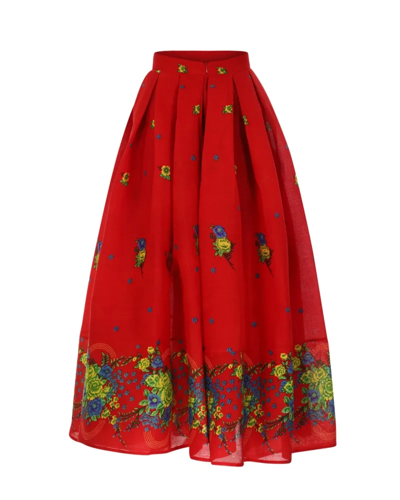 Red Long pleated Skirt