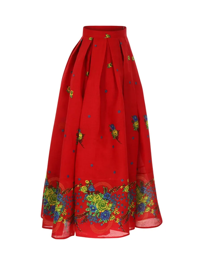 Red Long pleated Skirt