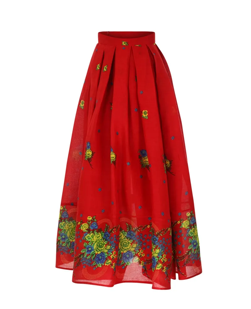 Red Long pleated Skirt