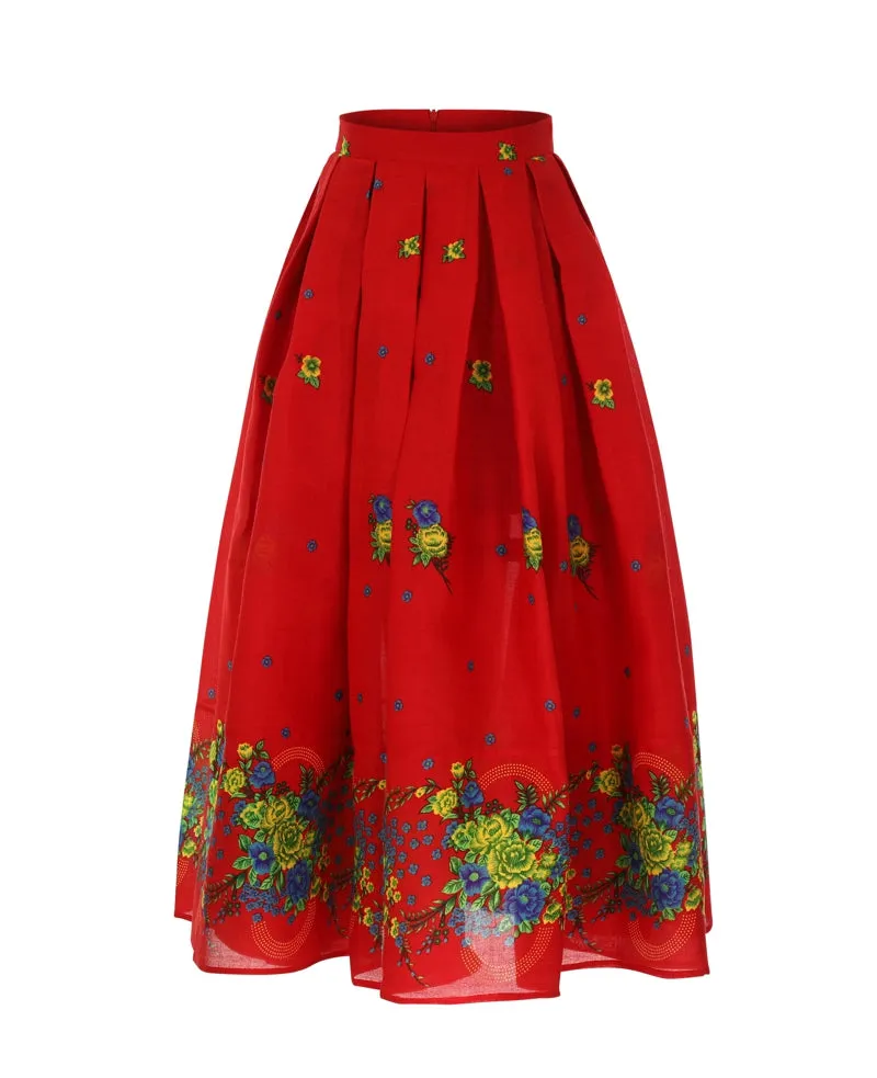 Red Long pleated Skirt