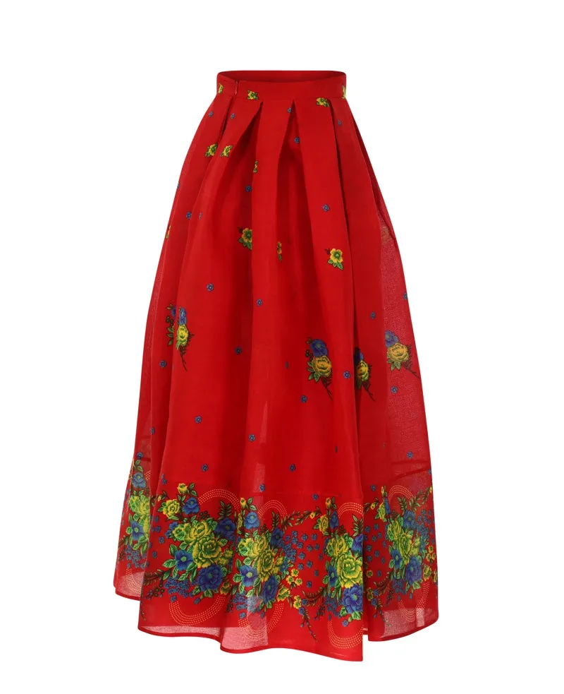 Red Long pleated Skirt