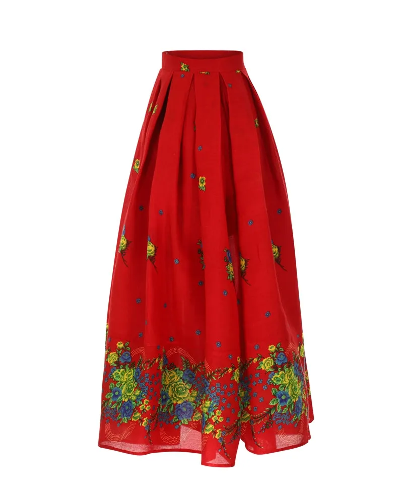 Red Long pleated Skirt