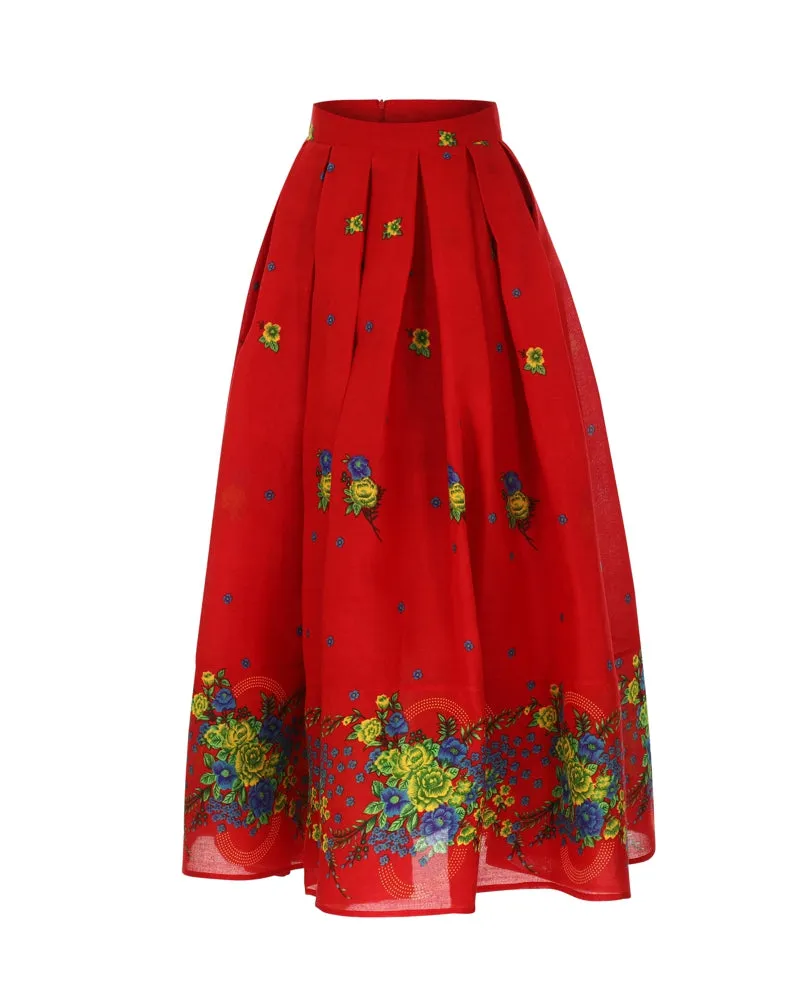 Red Long pleated Skirt