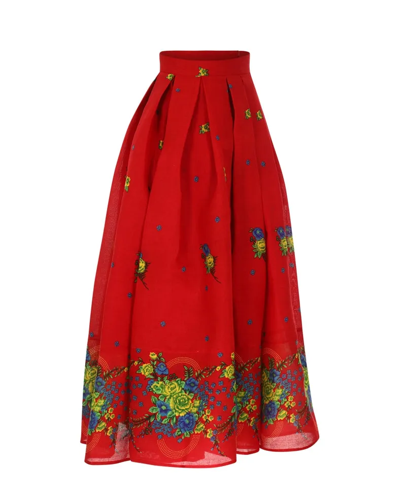 Red Long pleated Skirt