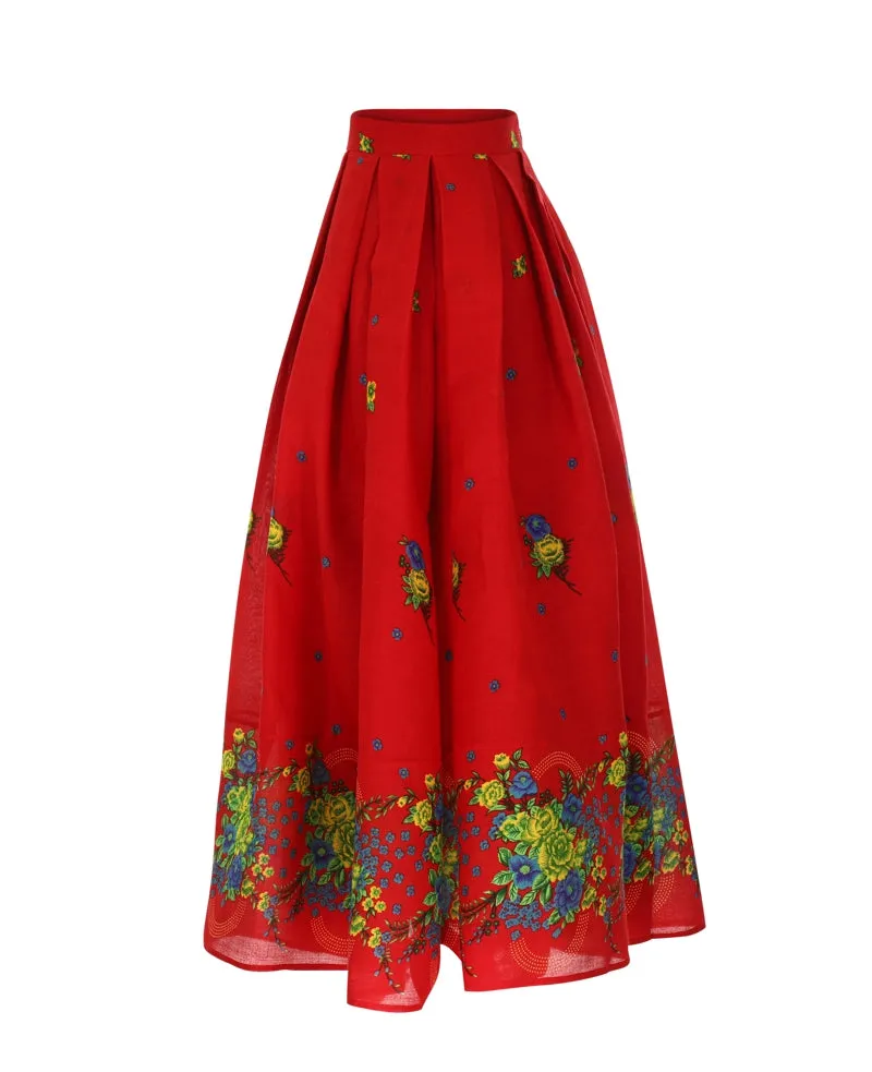 Red Long pleated Skirt