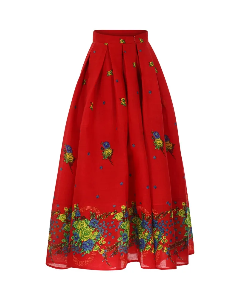 Red Long pleated Skirt