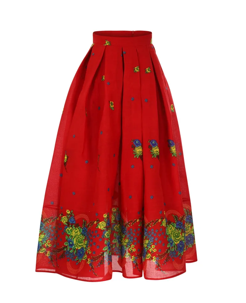 Red Long pleated Skirt