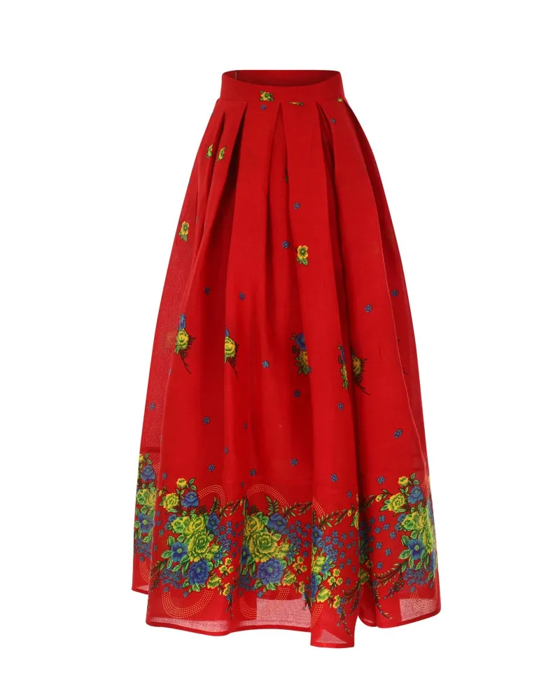 Red Long pleated Skirt