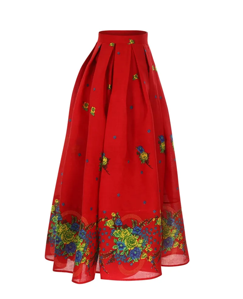 Red Long pleated Skirt