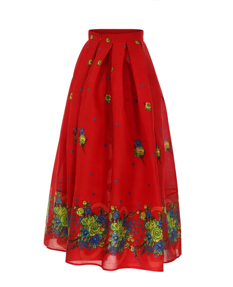 Red Long pleated Skirt