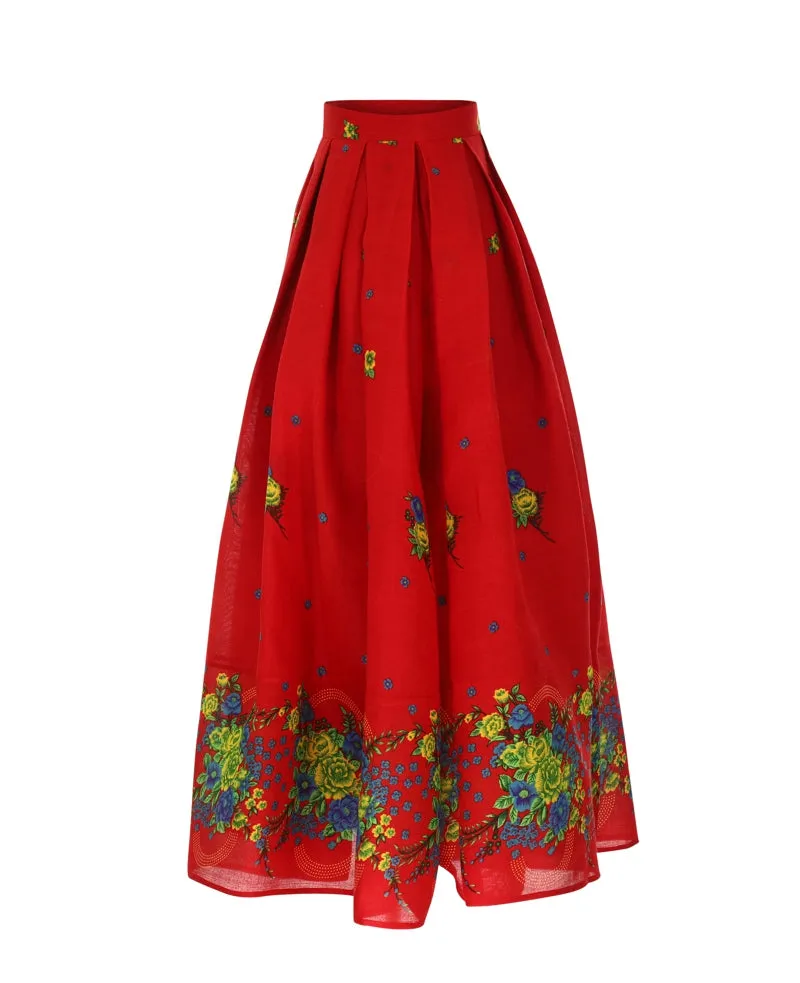 Red Long pleated Skirt