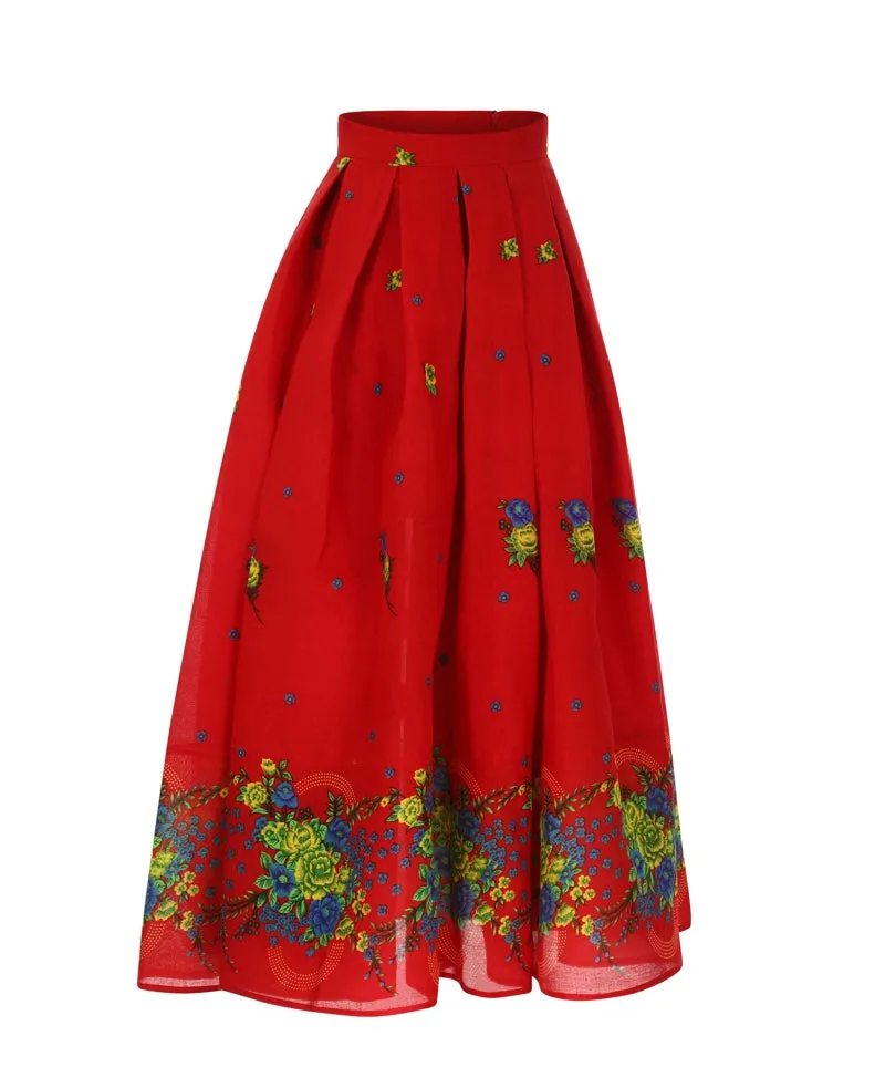 Red Long pleated Skirt