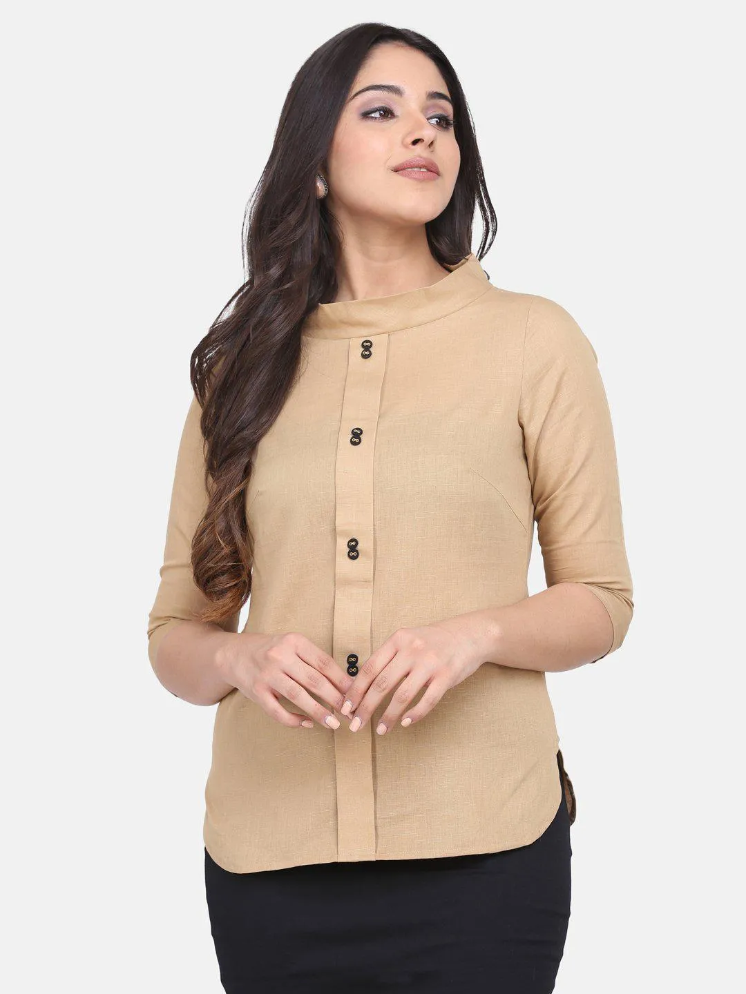 Round Collar Cotton Top - Beige