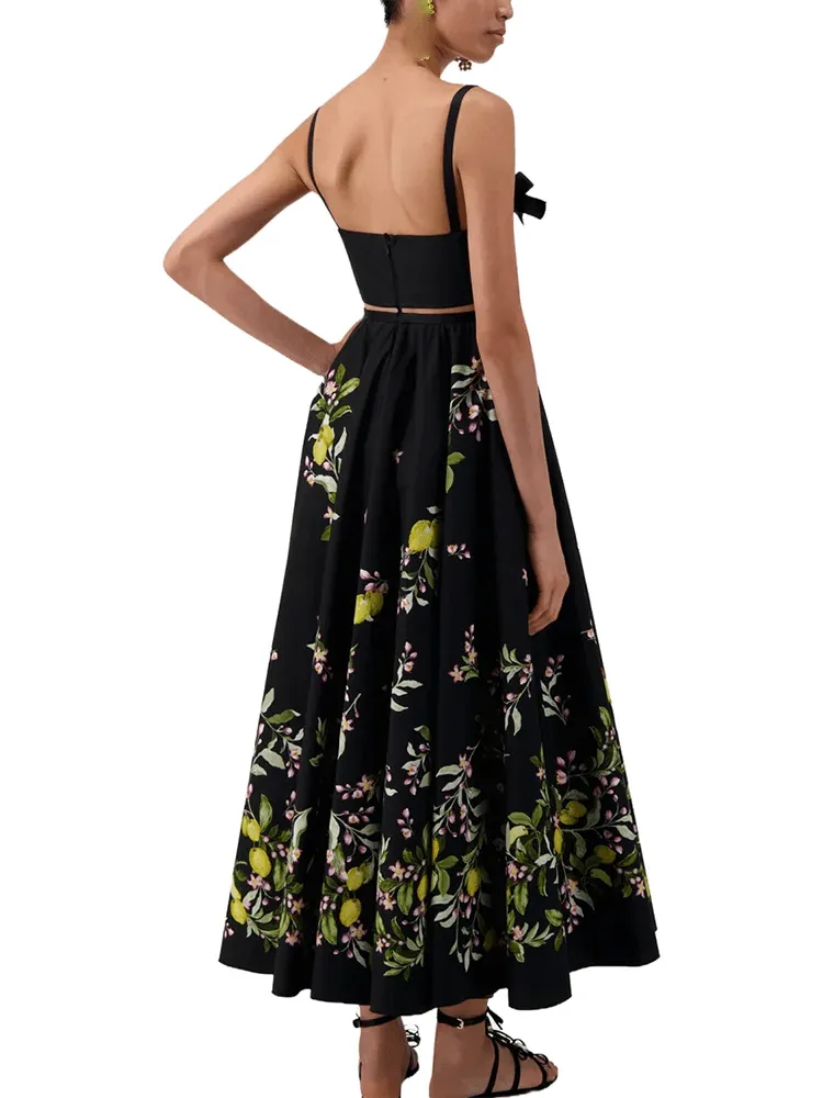 Square Collar Sleeveless Top & Floral Long Skirt Set