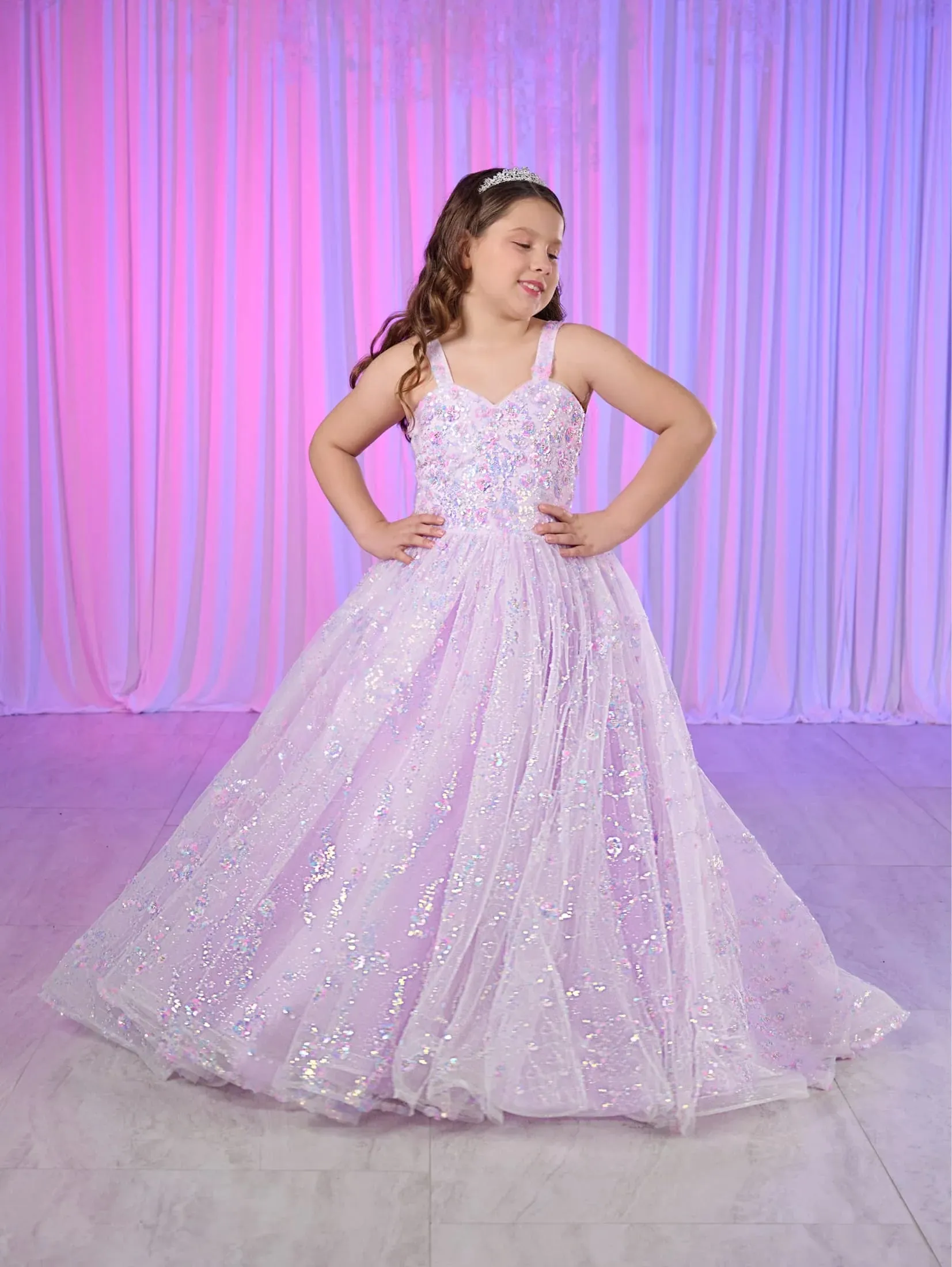 Tiffany Princess 80026MQ Size 2 Lilac Girls Sequin Pageant Dress Corset Ball Gown Scoop neck Train