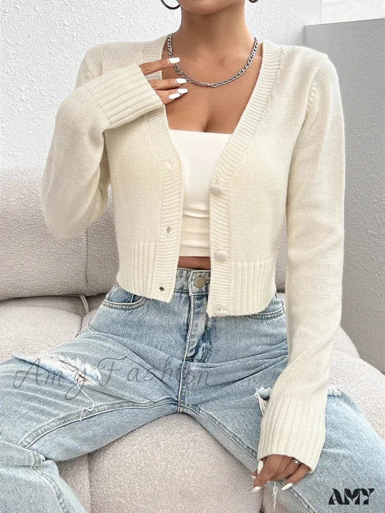 V-neck Solid Color Elegant Casual Long Sleeve Front Button Knitted Autumn Sweater