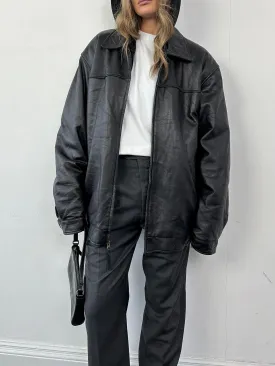 Vintage Minimal Leather Bomber Jacket - XL/XXL