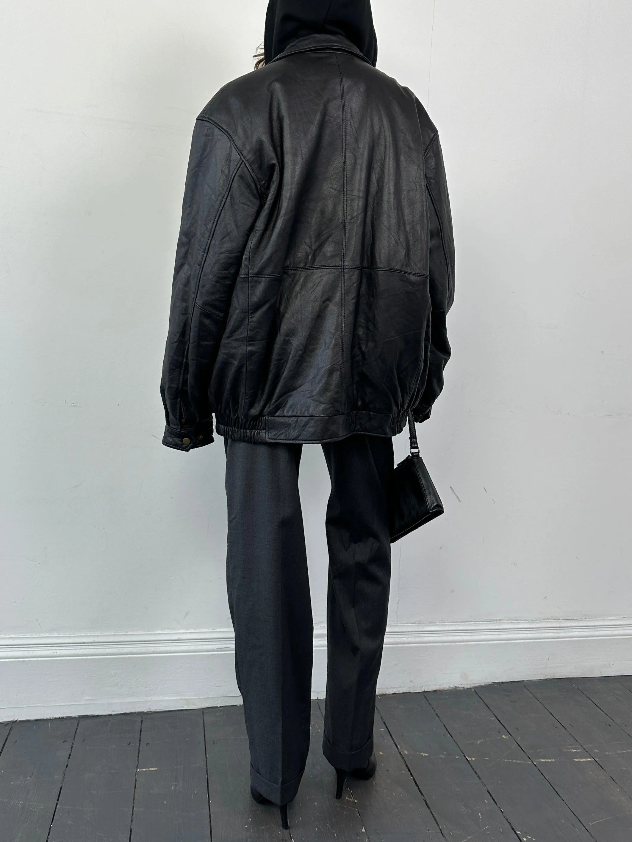 Vintage Minimal Leather Bomber Jacket - XL/XXL