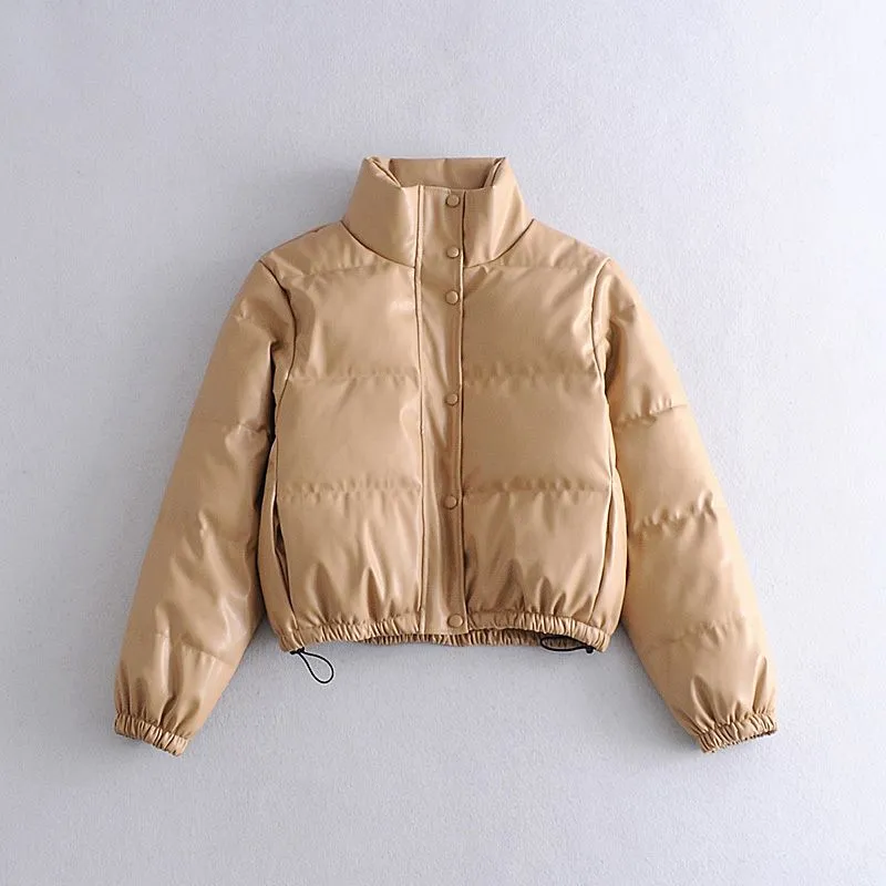 Water Repellent Faux Leather Cotton Padded Waxed Puffer Jacket