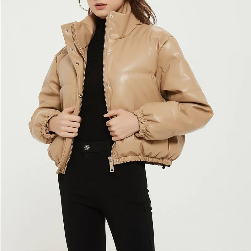 Water Repellent Faux Leather Cotton Padded Waxed Puffer Jacket