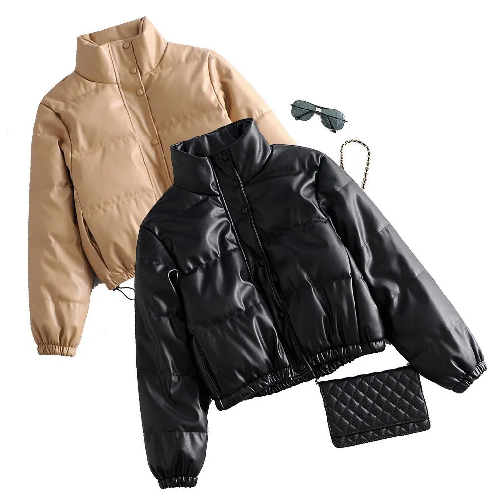 Water Repellent Faux Leather Cotton Padded Waxed Puffer Jacket