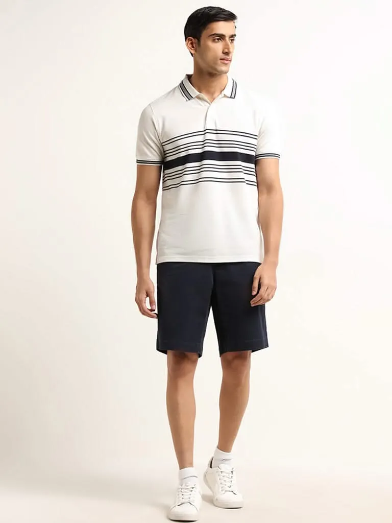 WES Casuals Off-White Striped Slim Fit T-Shirt