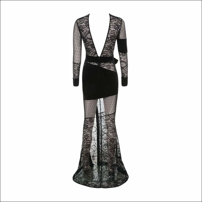 Winnal Black Long Sleeve Mesh Woven Floral Long Bandage Dress