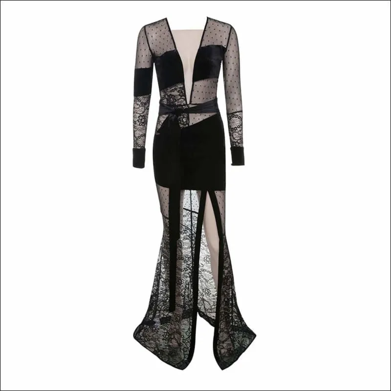 Winnal Black Long Sleeve Mesh Woven Floral Long Bandage Dress