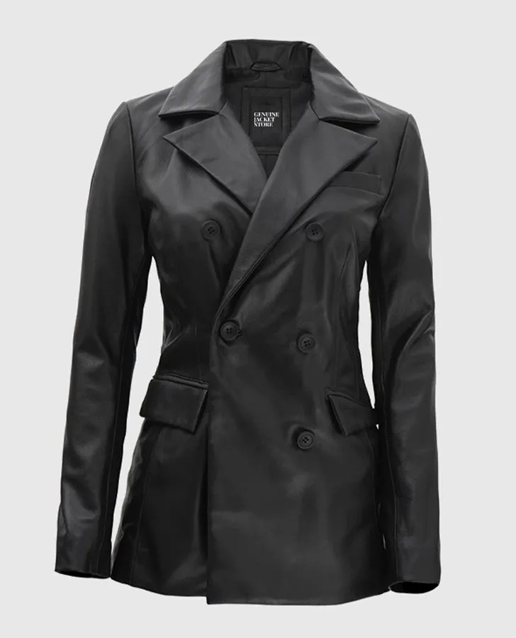 Women's Double Breasted Black Leather Blazer