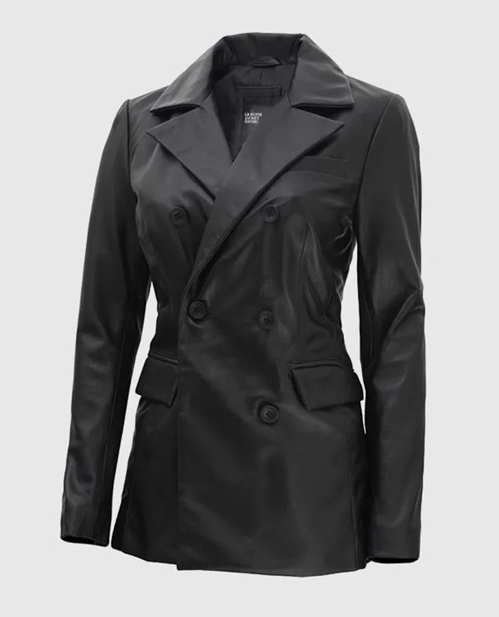 Women's Double Breasted Black Leather Blazer