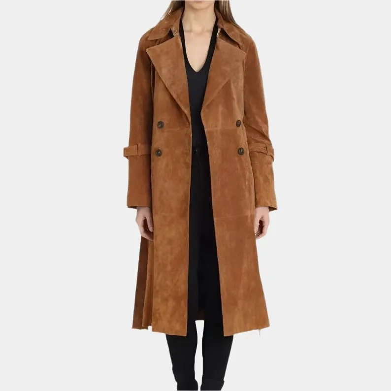 Women’s Genuine Brown Suede Leather Long Trench Coat