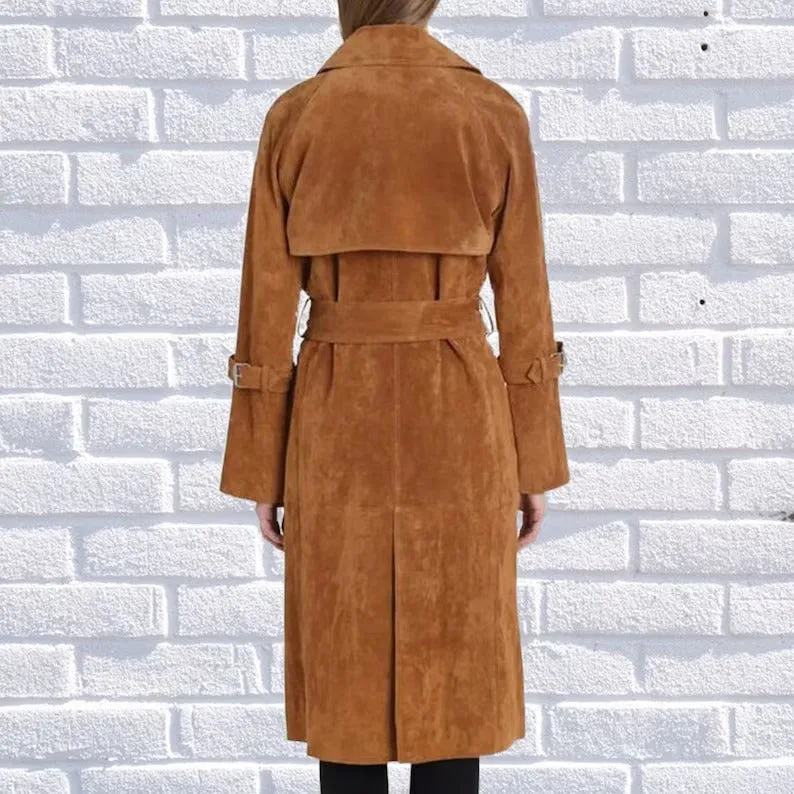 Women’s Genuine Brown Suede Leather Long Trench Coat